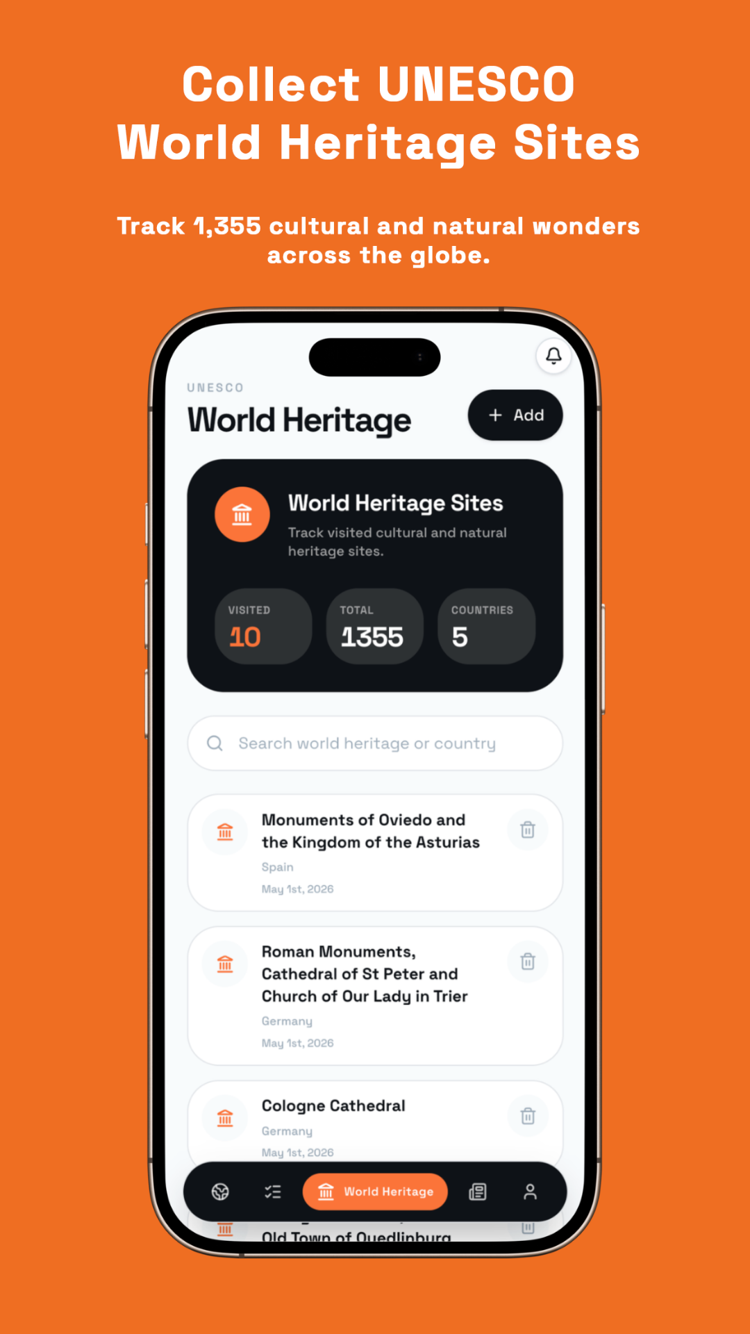 Mundi app: collect UNESCO World Heritage sites